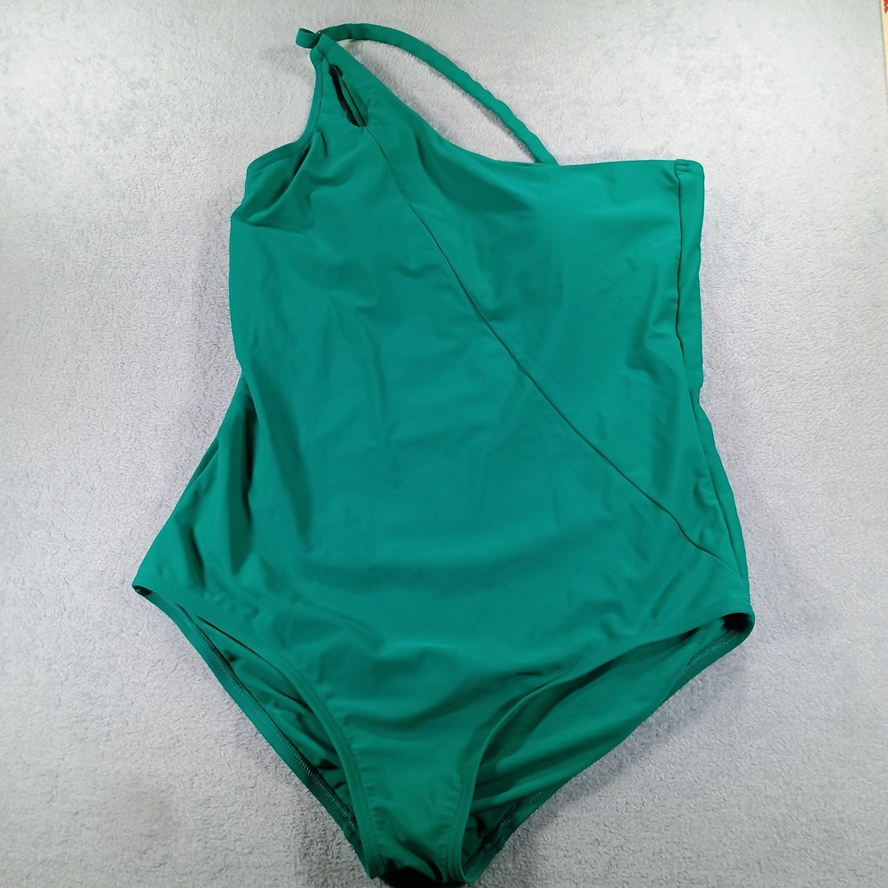 Lands' End Women One Shoulder One Piece Swimsuit Teal Green Size L 14-16 Cutout